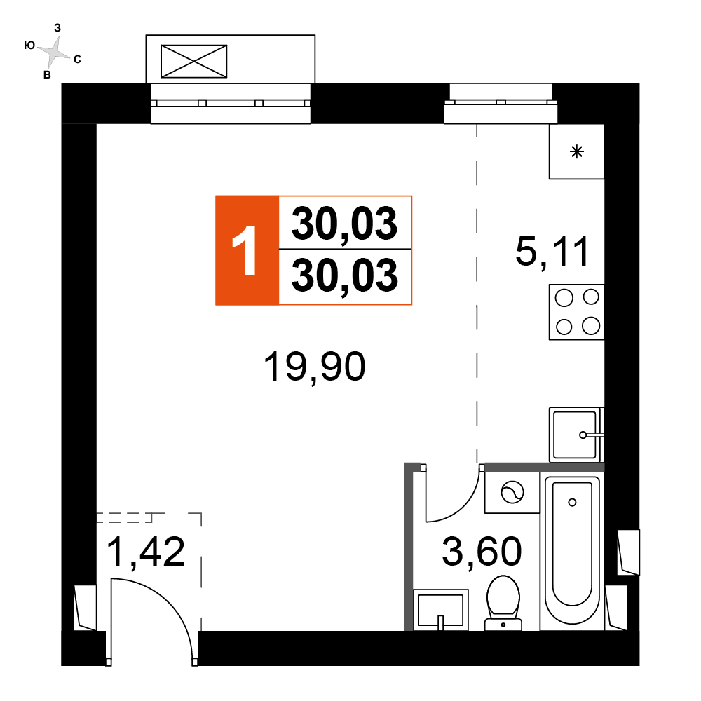 1-комнатная 30 м2 в ЖК Жаворонки Клаб корпус null этаж 2