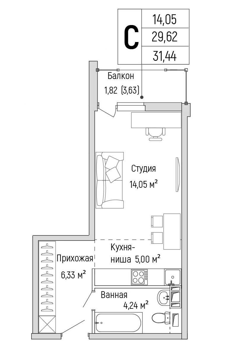 Студия 31 м2 в ЖК Рига Хиллс корпус null этаж 8