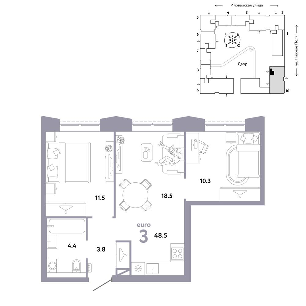 3-комнатная 48 м2 в ЖК Страна.Заречная корпус null этаж 8