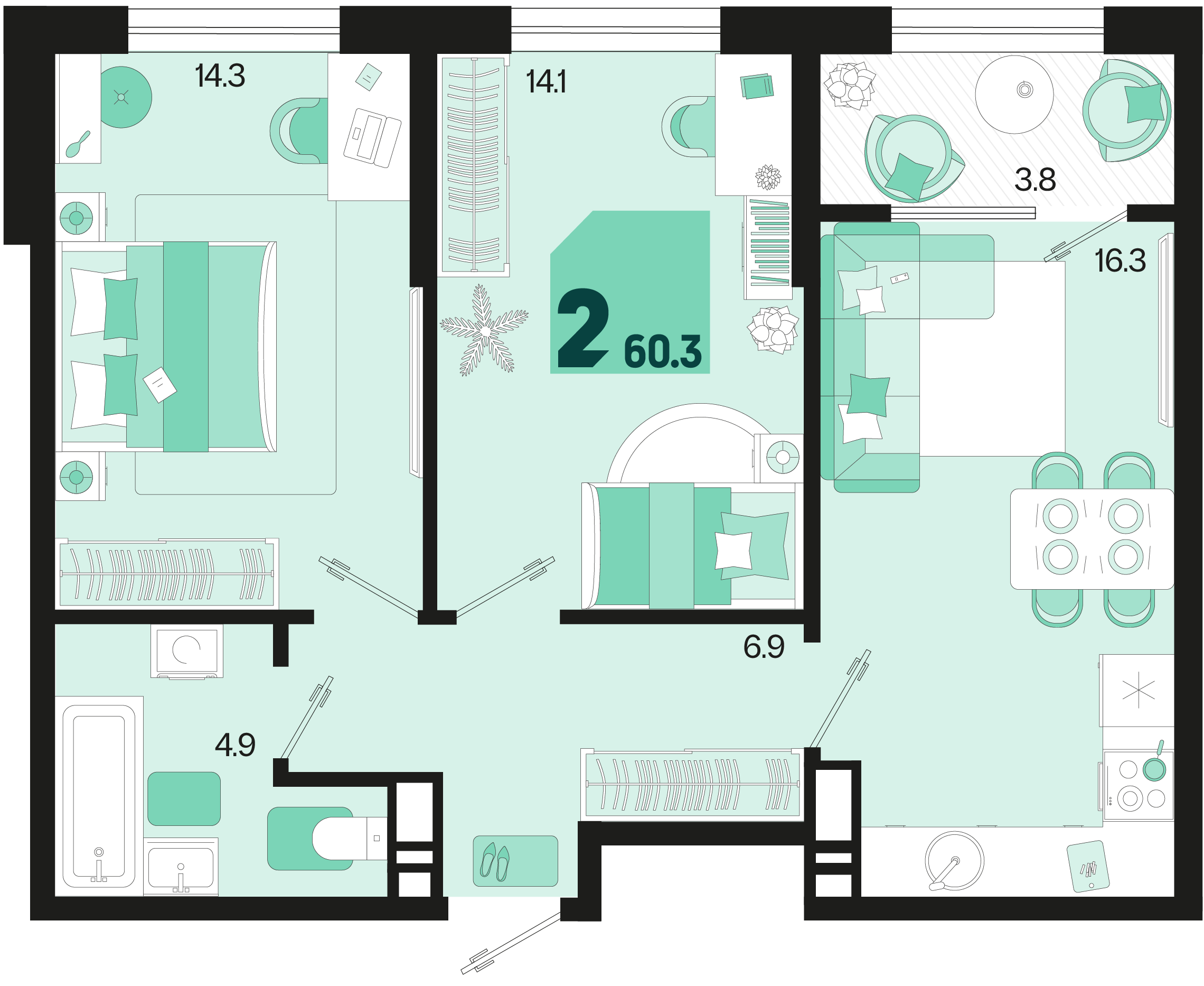 2-комнатная 60 м2 в ЖК Первое место корпус null этаж 10