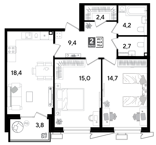 2-комнатная 69 м2 в ЖК Парк Победы 2 корпус null этаж 2