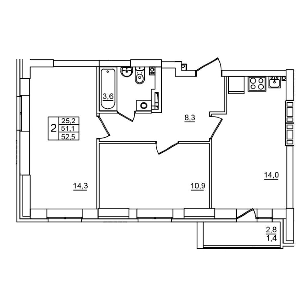 2-комнатная 52 м2 в ЖК Сталь корпус null этаж 4