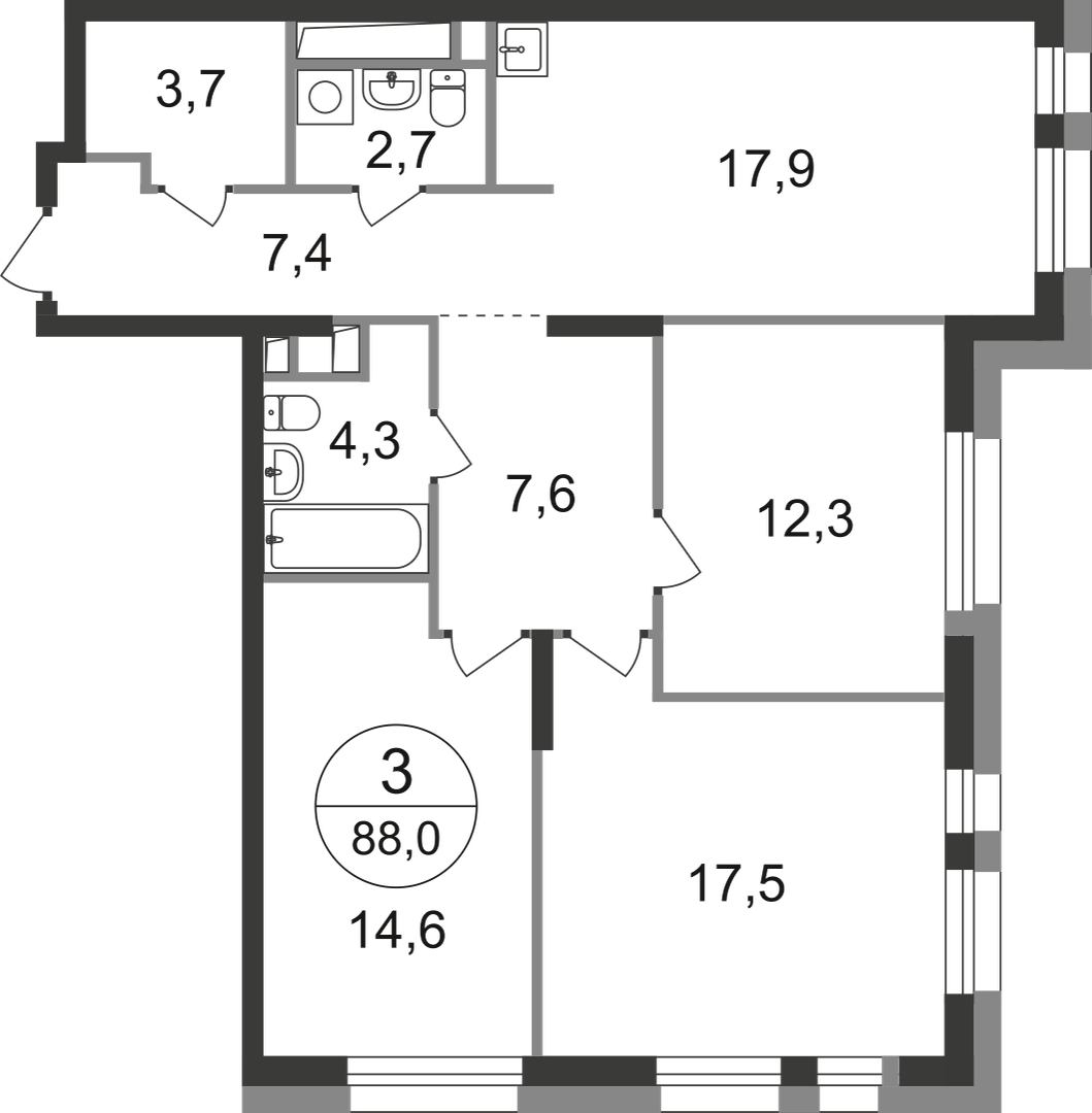 3-комнатная 88 м2 в ЖК Первый Московский корпус null этаж 3