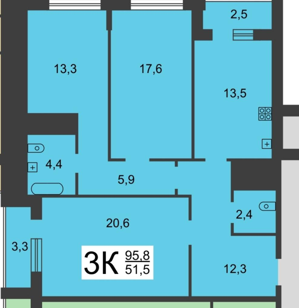 3-комнатная 95.8 м2 в ЖК undefined корпус null этаж 8