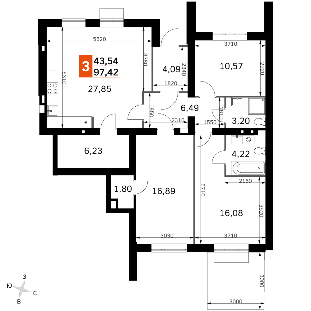 3-комнатная 97 м2 в ЖК Жаворонки Клаб корпус null этаж 1