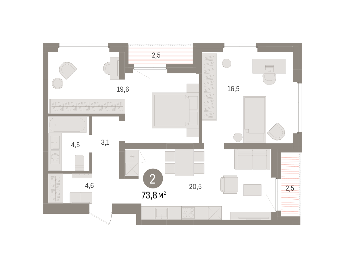 2-комнатная 73 м2 в ЖК Зарека корпус null этаж 7