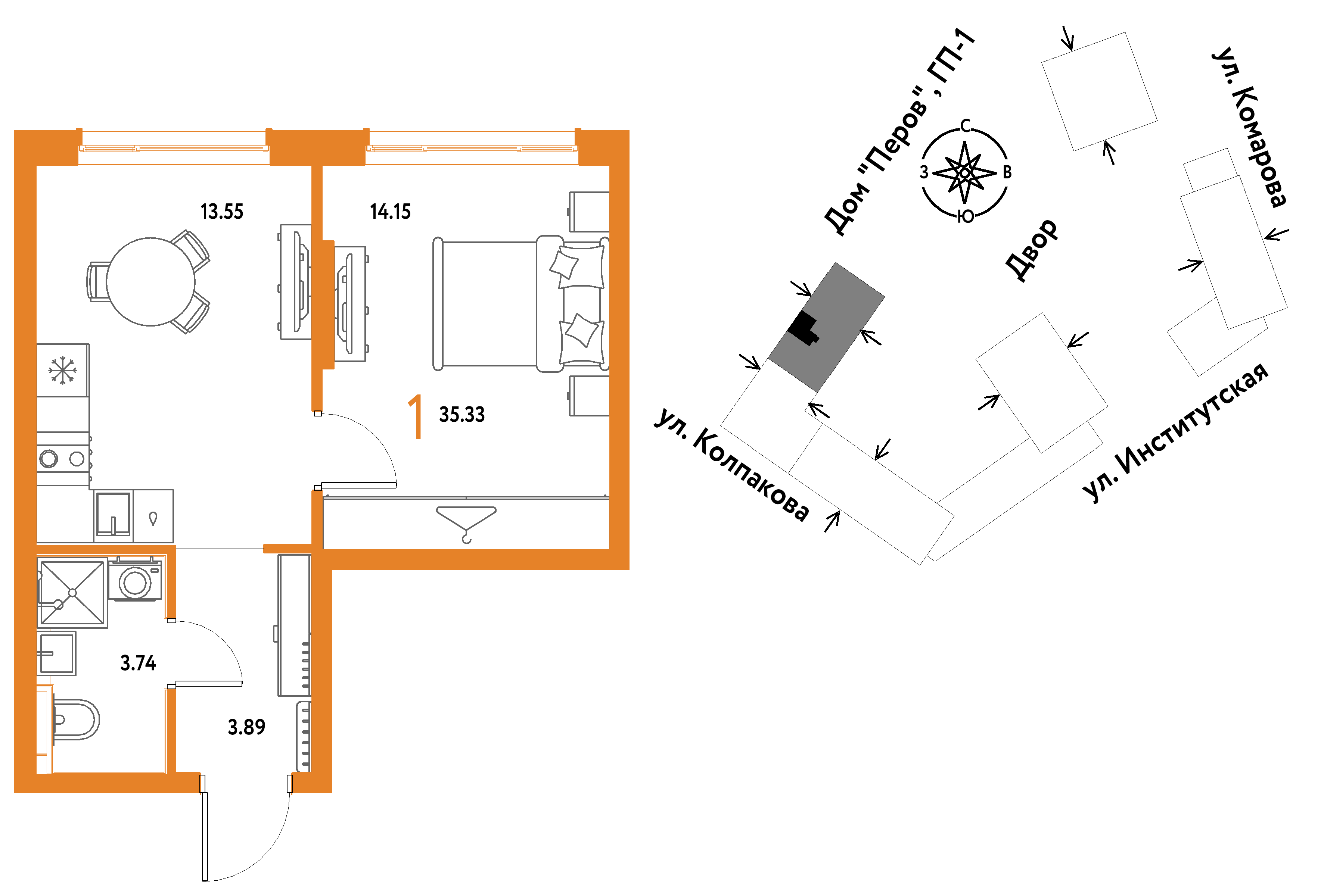 1-комнатная 35 м2 в ЖК Страна.Парковая корпус null этаж 10