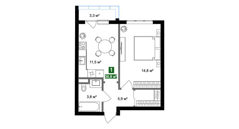 1-комнатная 36.8 м2 в ЖК undefined корпус null этаж 6