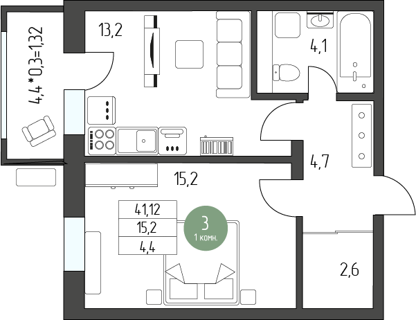 1-комнатная 41 м2 в ЖК Лермонтов корпус null этаж 1