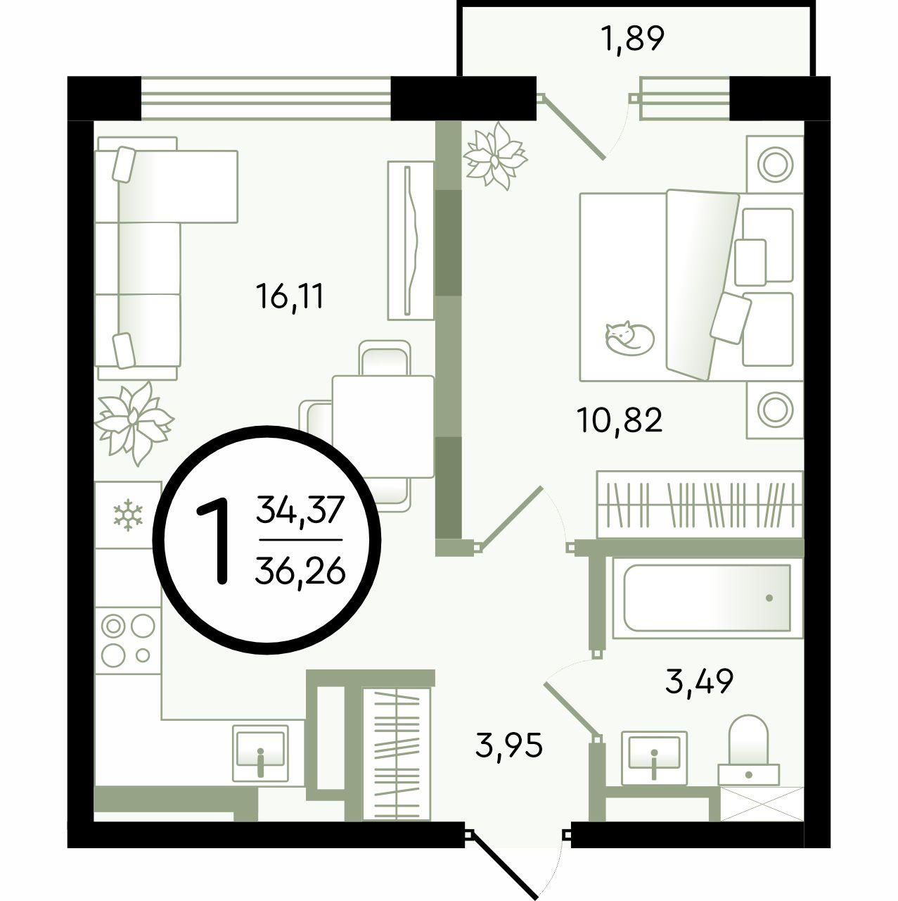 1-комнатная 36 м2 в ЖК Зеленые Аллеи корпус null этаж 3