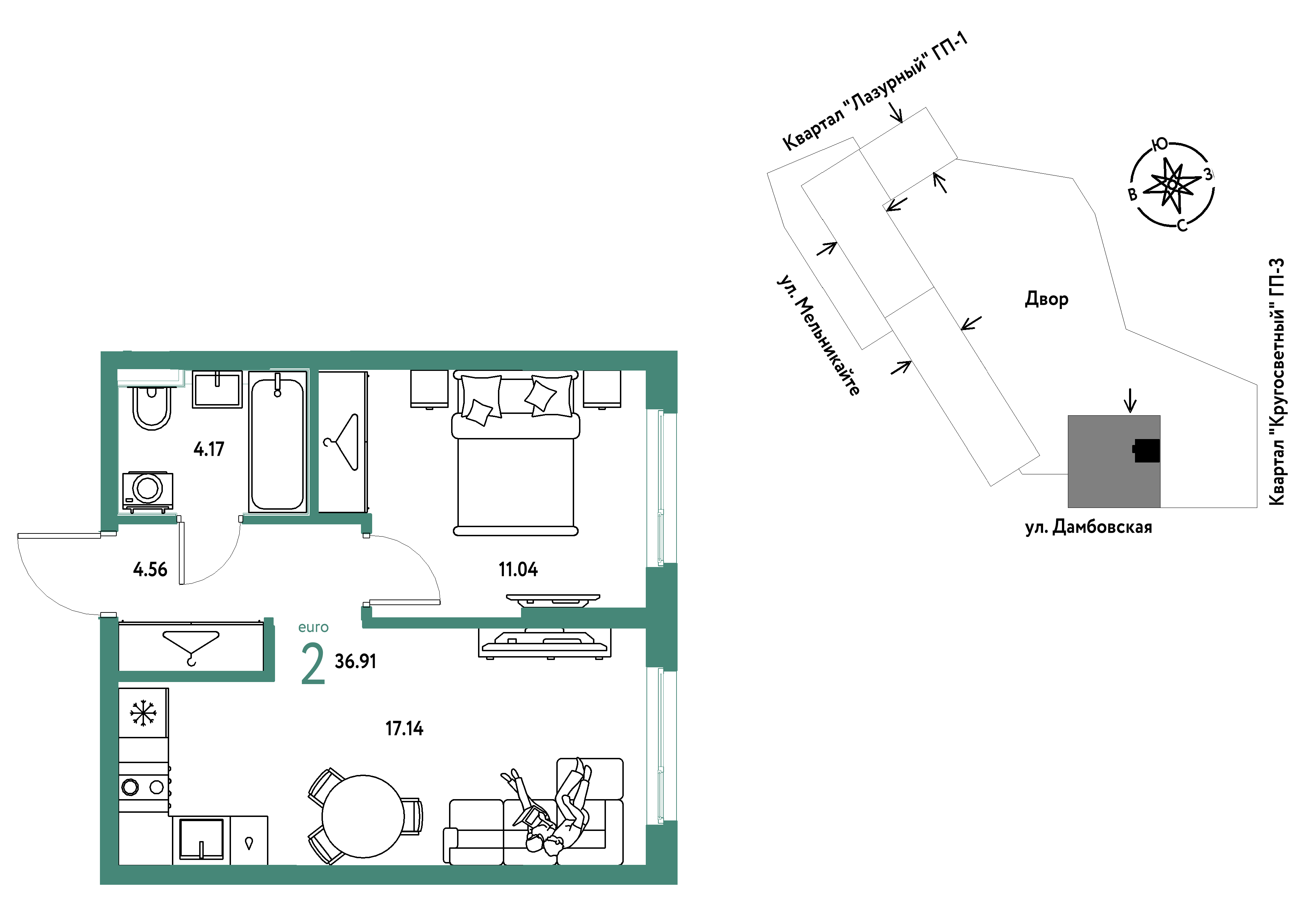 2-комнатная 36 м2 в ЖК Страна.Прибрежная корпус null этаж 8