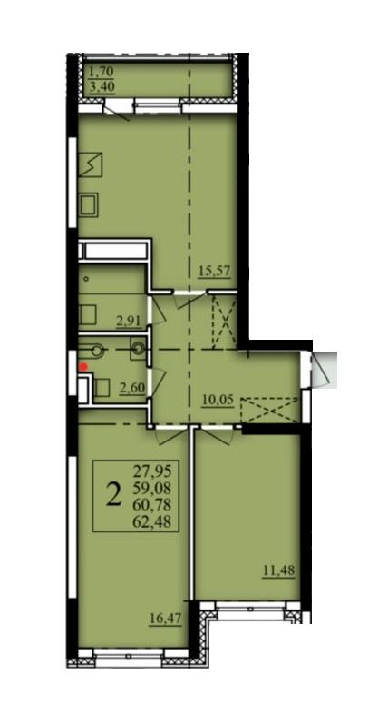 2-комнатная 60 м2 в ЖК Паруса корпус null этаж 15