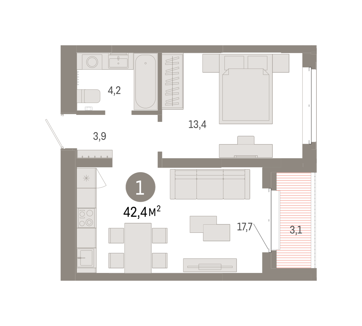1-комнатная 42 м2 в ЖК Кварталы «На Минской» корпус null этаж 5
