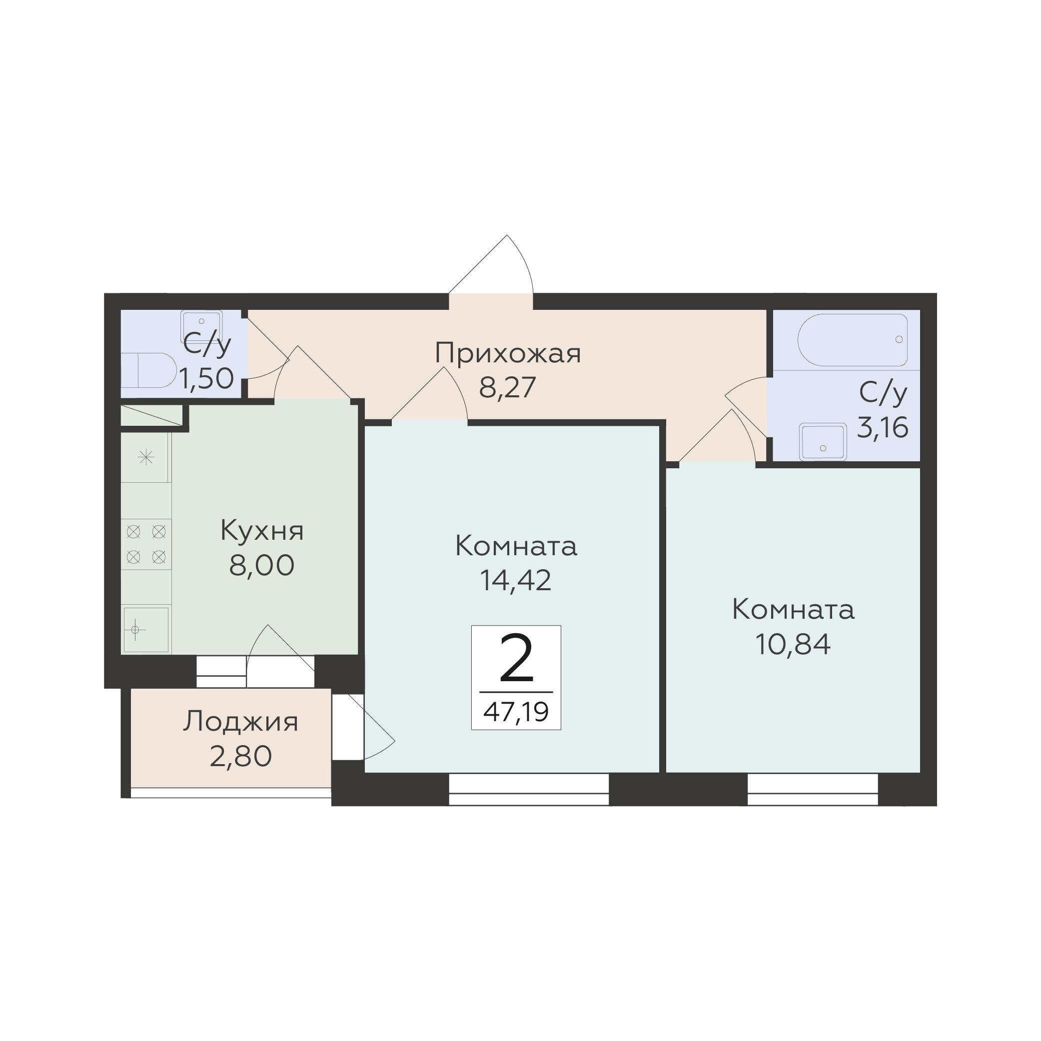 2-комнатная 47 м2 в ЖК Авиапарк корпус null этаж 3