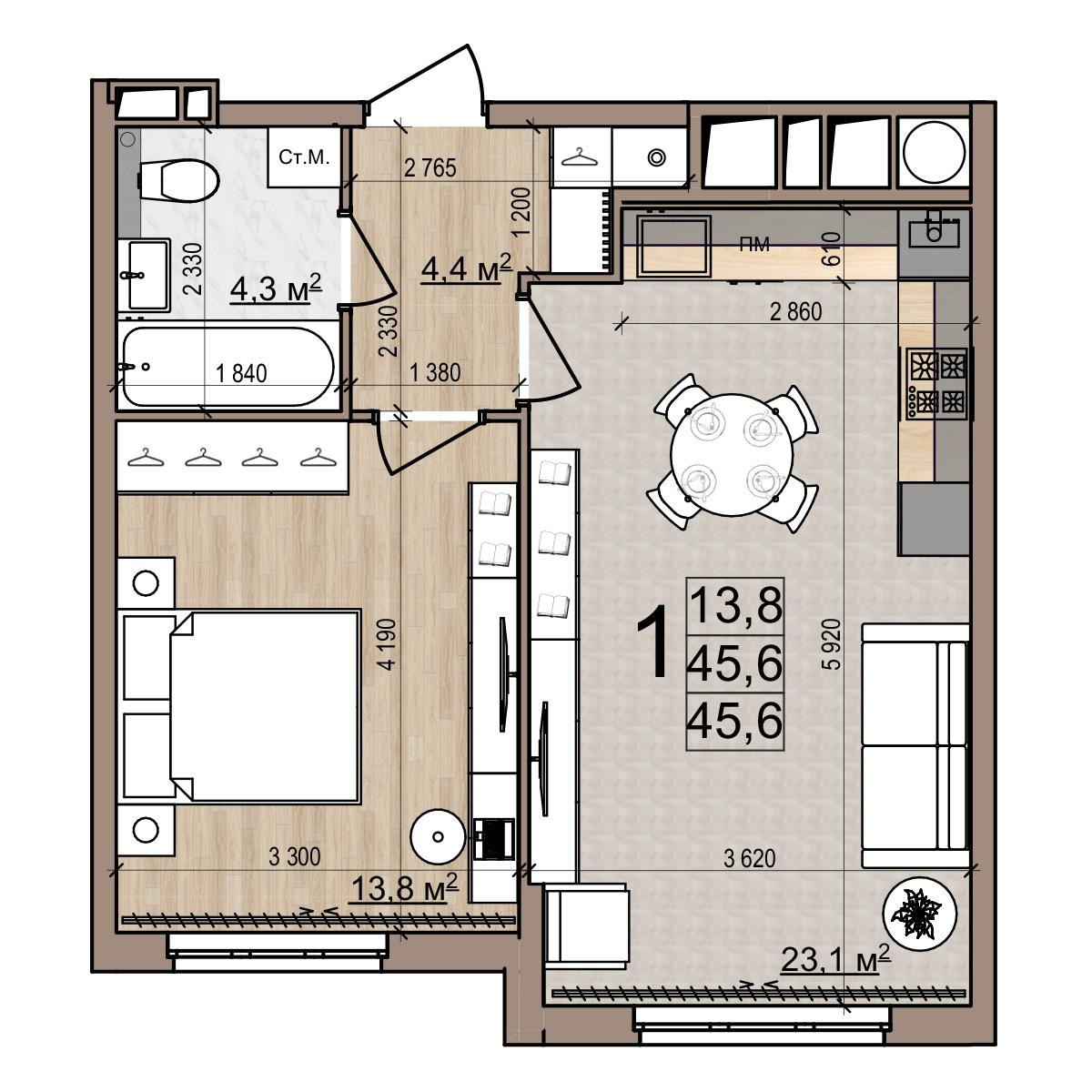 1-комнатная 45 м2 в ЖК Еврокласс-5 корпус null этаж 2