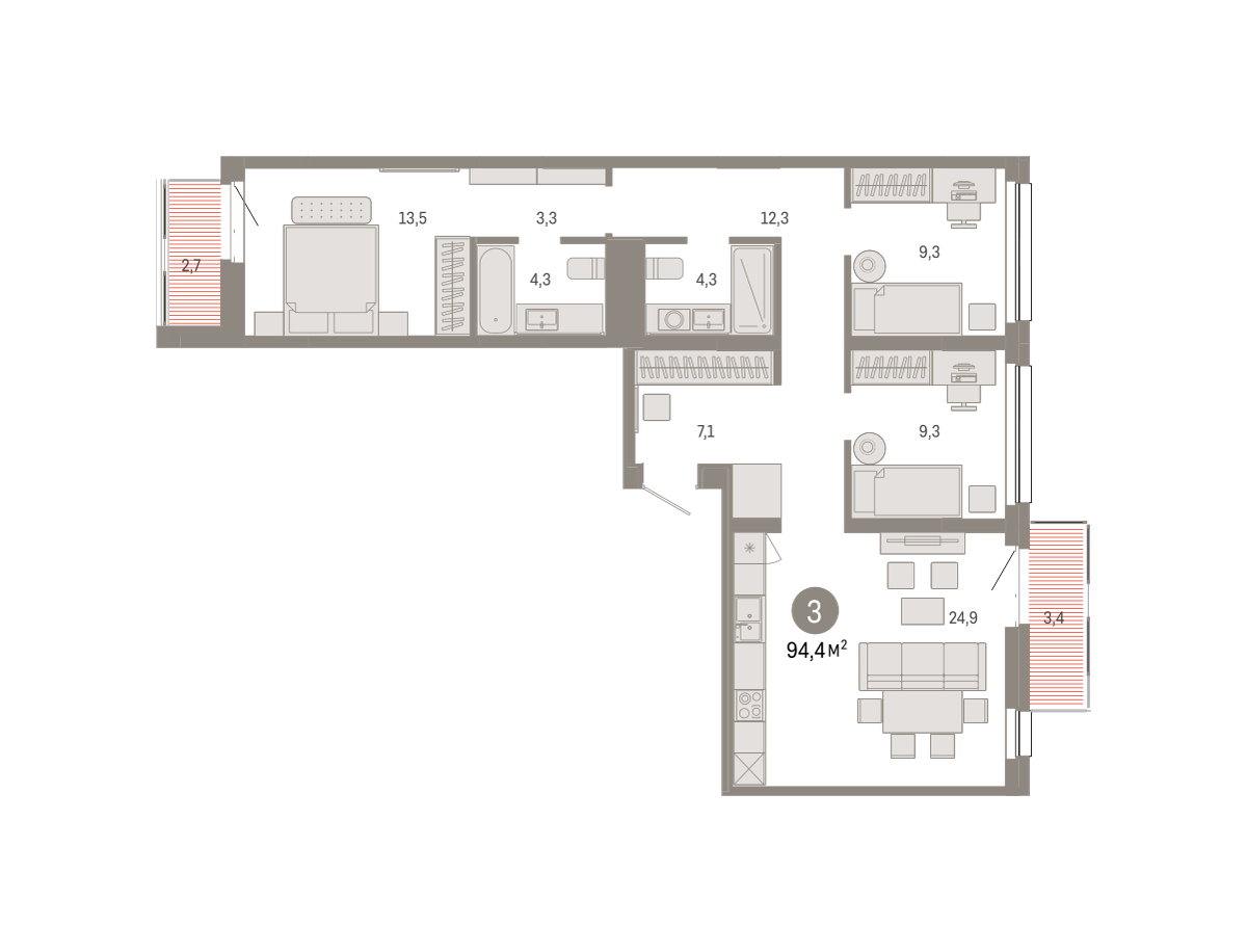 3-комнатная 94 м2 в ЖК Квартал Нефть корпус null этаж 5