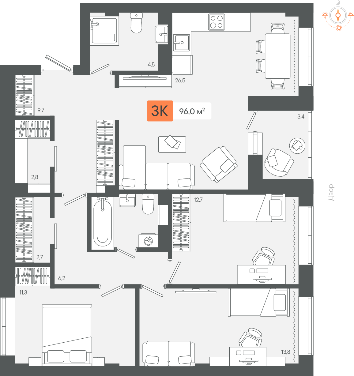 3-комнатная 95 м2 в ЖК Zori корпус null этаж 4
