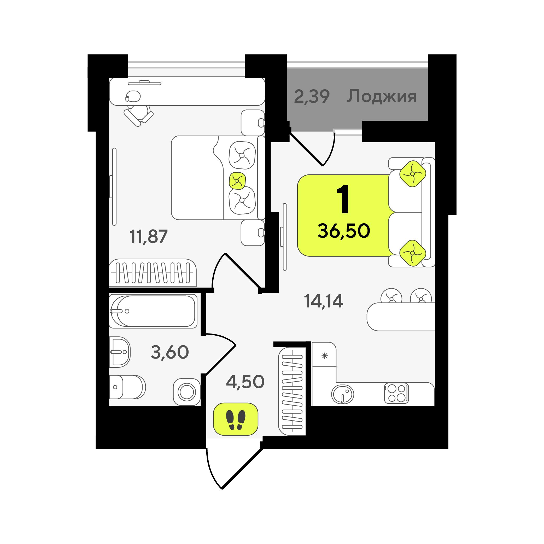 1-комнатная 36 м2 в ЖК Окинава корпус null этаж 6