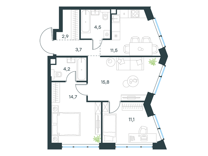 3-комнатная 68 м2 в ЖК Level Мичуринский, этапы 3 и 4 корпус null этаж 2