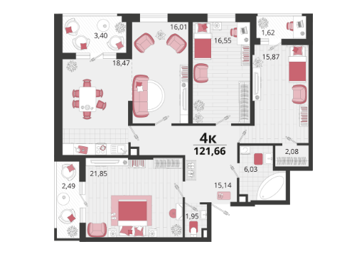 4-комнатная 121.7 м2 в ЖК undefined корпус null этаж 18