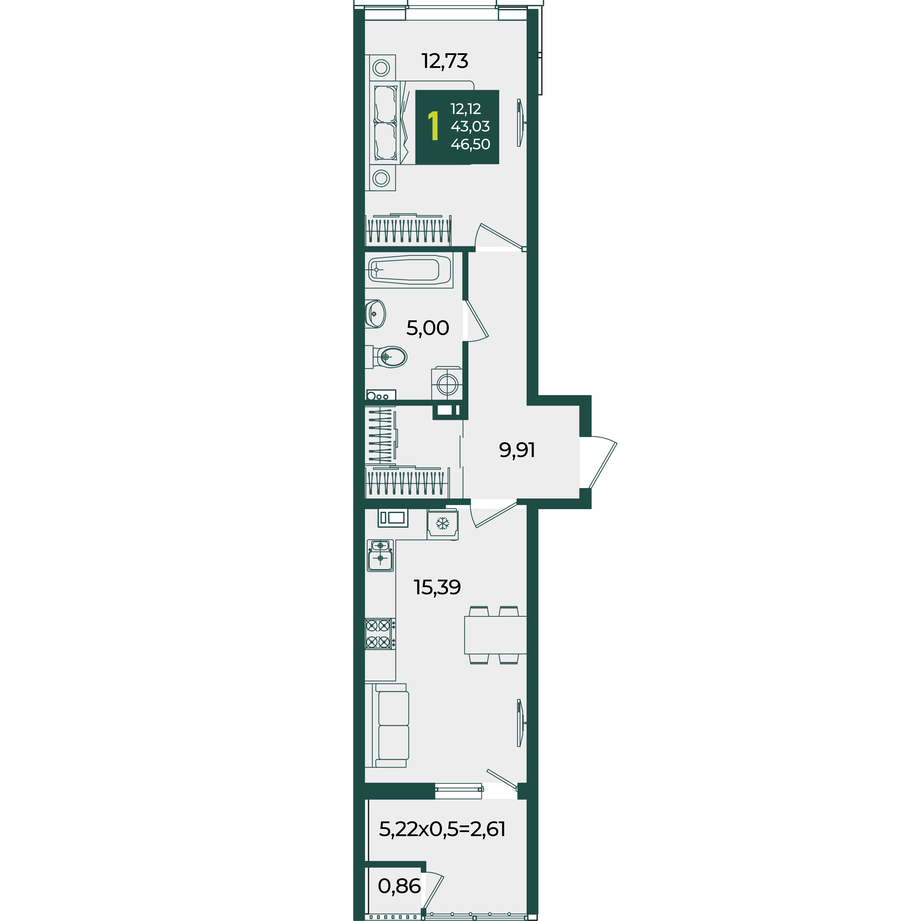 1-комнатная 46 м2 в ЖК Образцово корпус null этаж 4