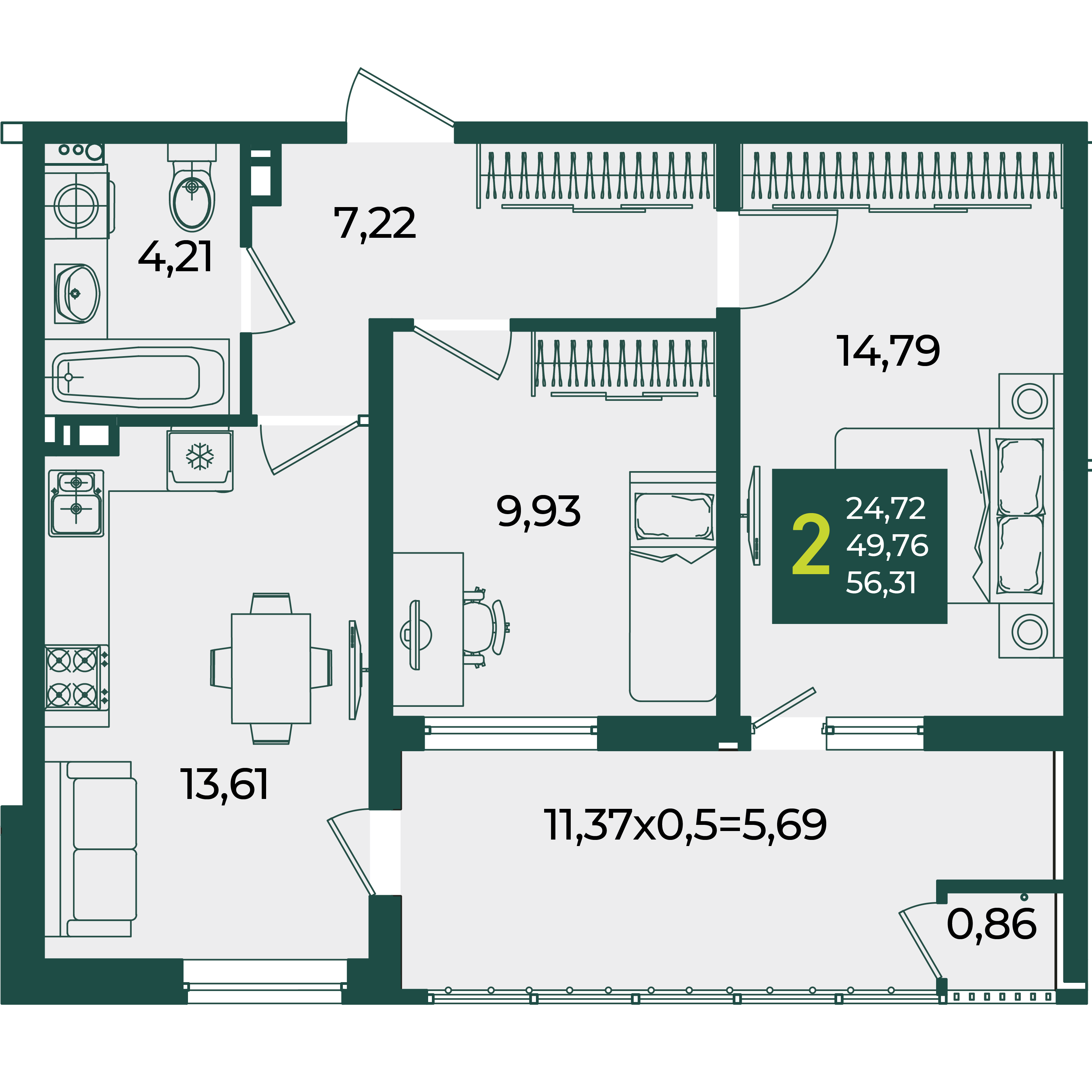 2-комнатная 56 м2 в ЖК Образцово корпус null этаж 4