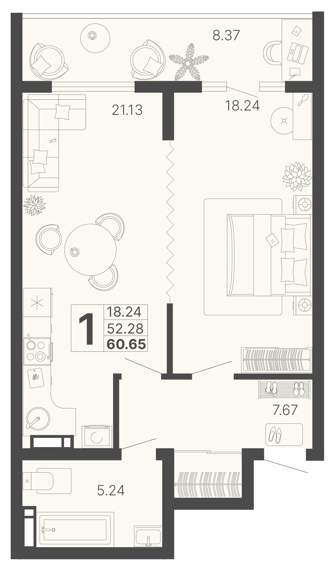 1-комнатная 60 м2 в ЖК Светский лес корпус null этаж 9