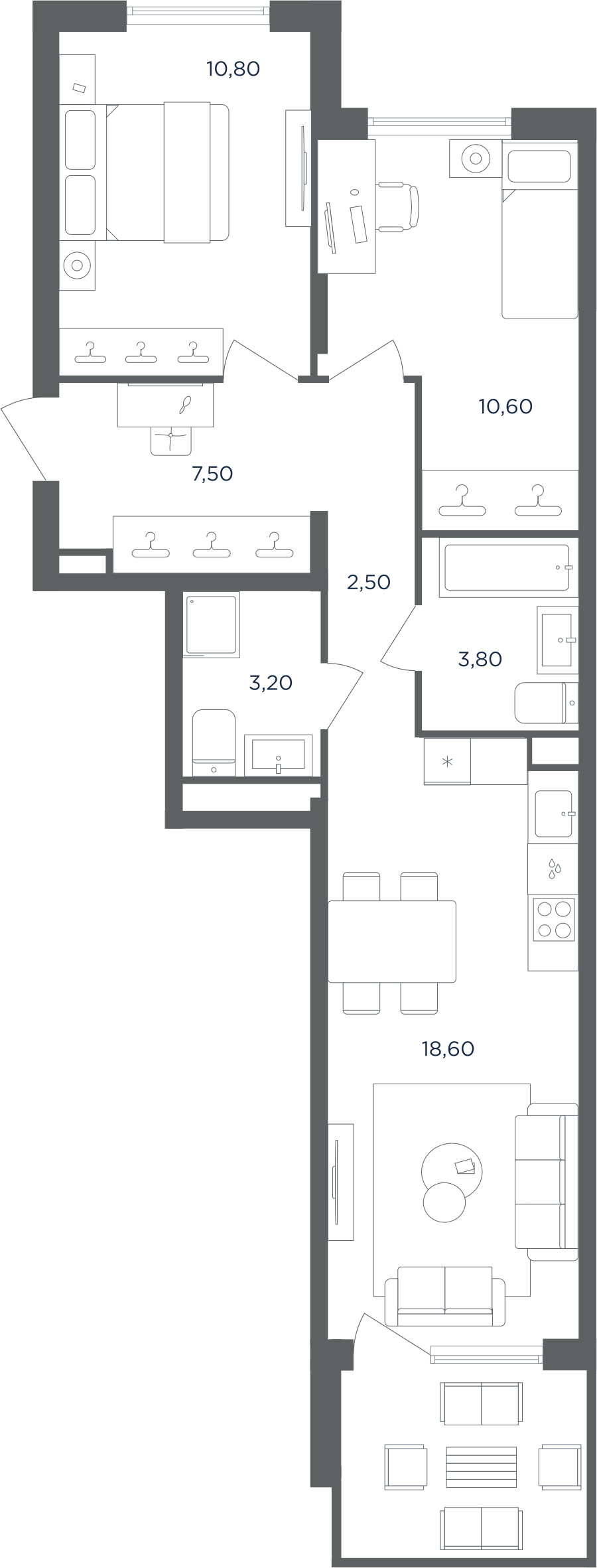 3-комнатная 57 м2 в ЖК Равновесие корпус null этаж 1