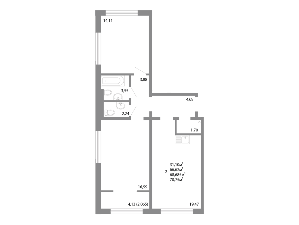 3-комнатная 71 м2 в ЖК undefined корпус null этаж 14