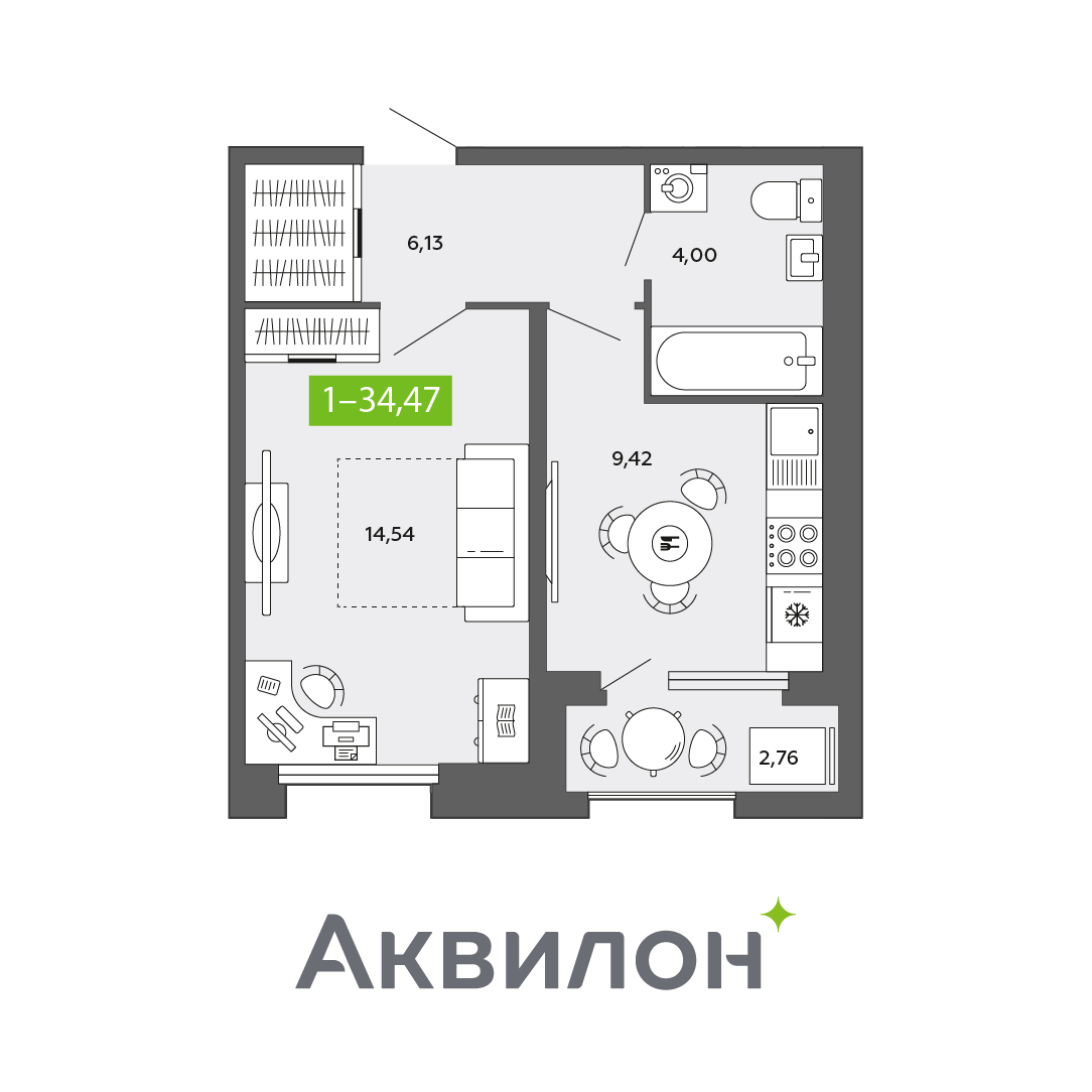 1-комнатная 35 м2 в ЖК Аквилон CITY Towers корпус null этаж 8