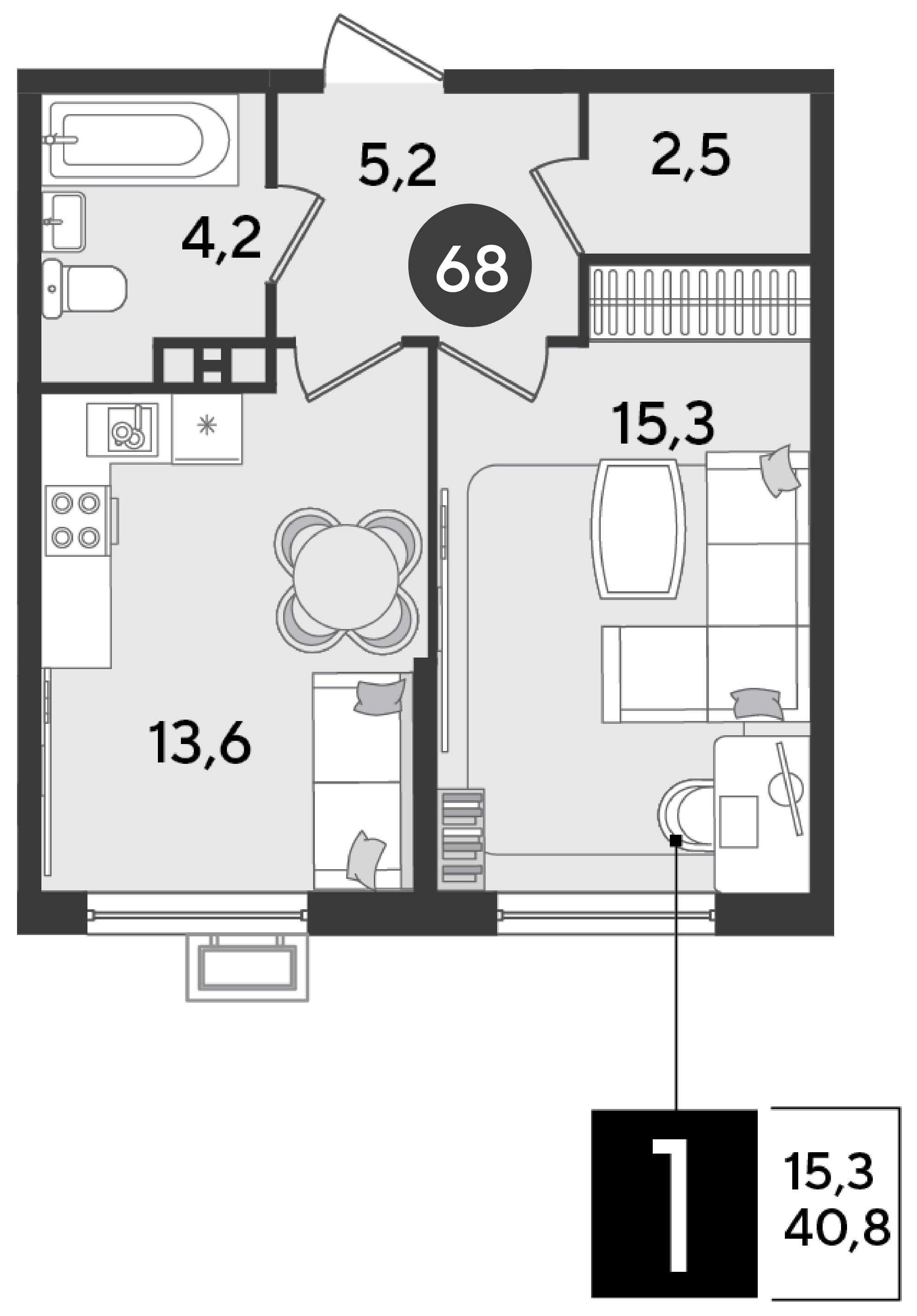 1-комнатная 40 м2 в ЖК Парк Победы 2 корпус null этаж 5