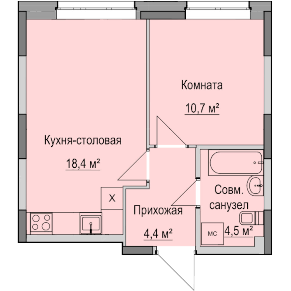 1-комнатная 38 м2 в ЖК Ключевой поселок корпус null этаж 1