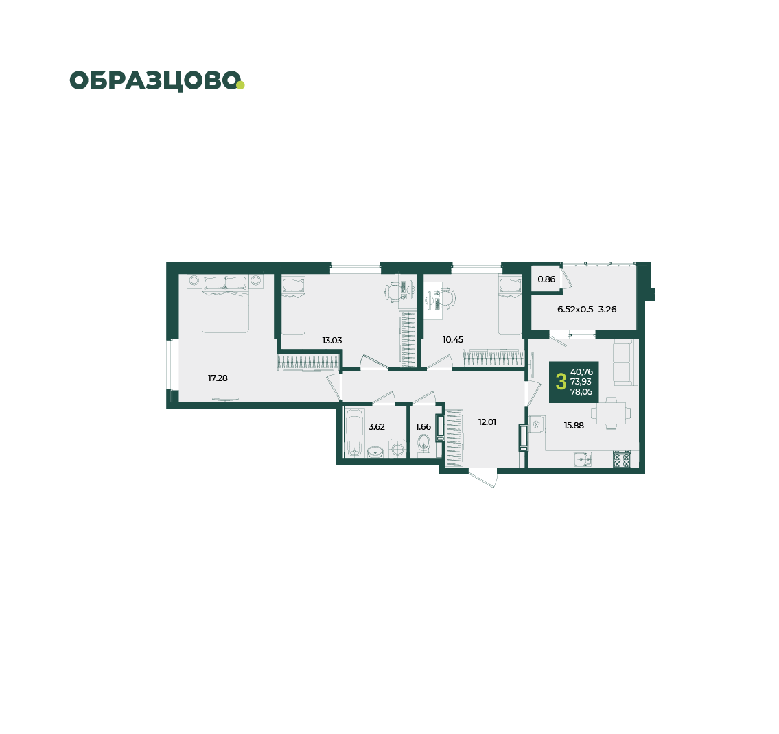 3-комнатная 78 м2 в ЖК Образцово корпус null этаж 18