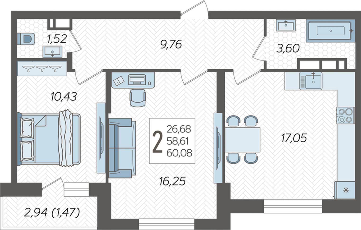 2-комнатная 60.1 м2 в ЖК undefined корпус null этаж 9