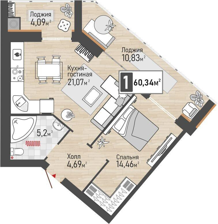 1-комнатная 52 м2 в ЖК Панорама корпус null этаж 3
