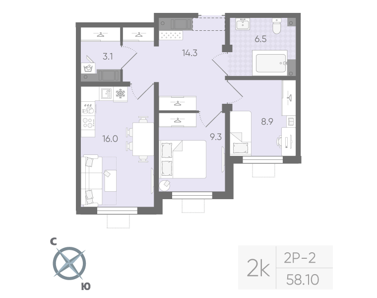2-комнатная 58 м2 в ЖК Ручьи (2 оч.) корпус null этаж 3