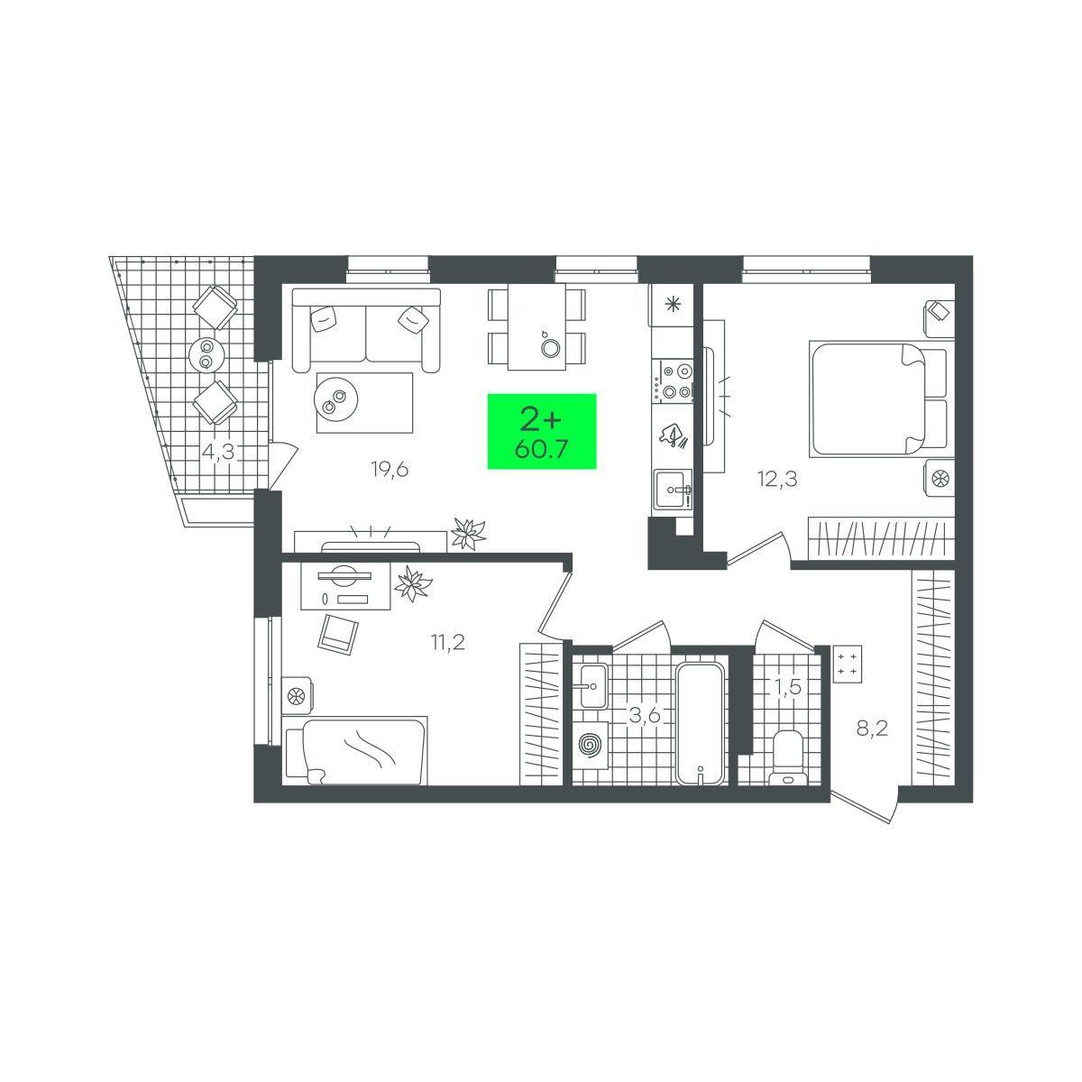 2-комнатная 60 м2 в ЖК Сезоны корпус null этаж 7