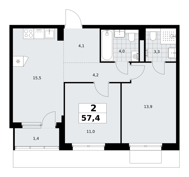2-комнатная 57 м2 в ЖК Деснаречье корпус null этаж 7