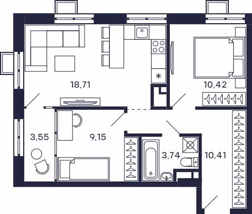 2-комнатная 55 м2 в ЖК Квартал Тетрис корпус null этаж 27