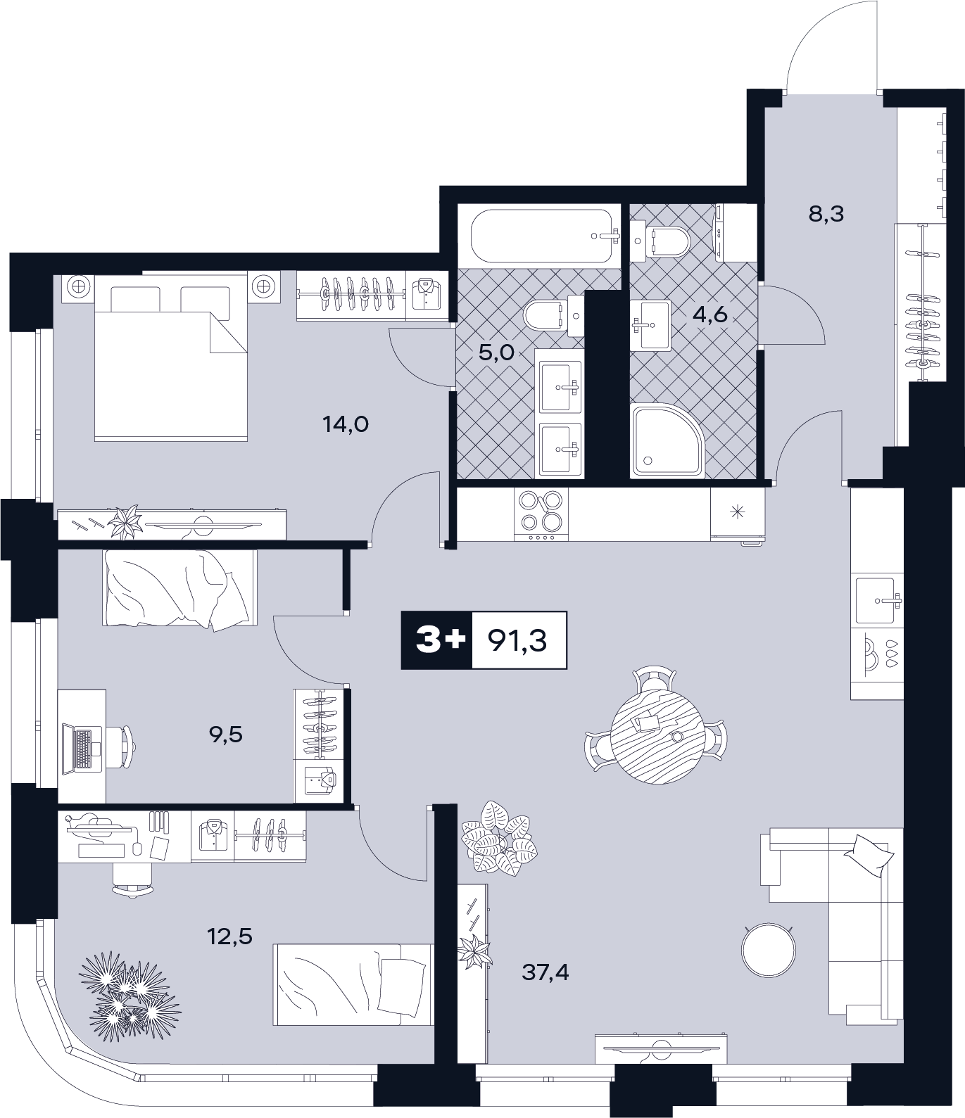 3-комнатная 91 м2 в ЖК Юту корпус null этаж 21