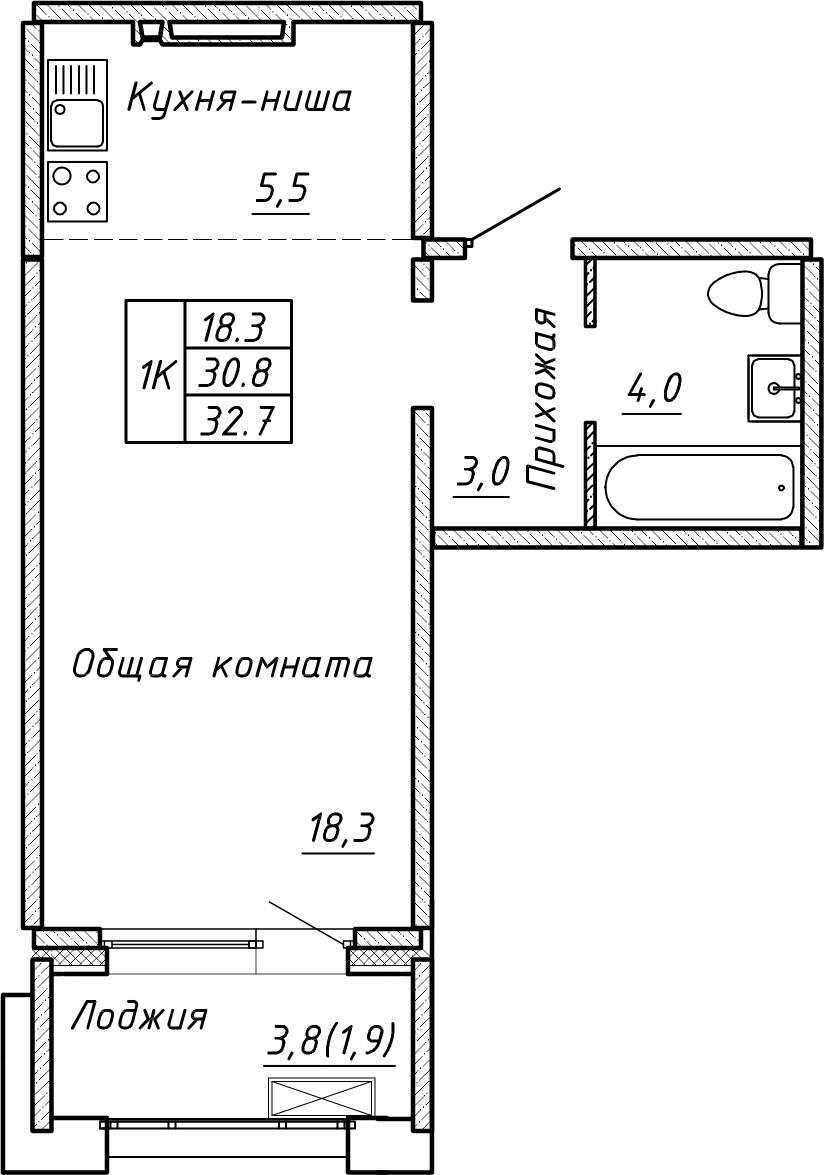 1-комнатная 32 м2 в ЖК Гренландия корпус null этаж 12
