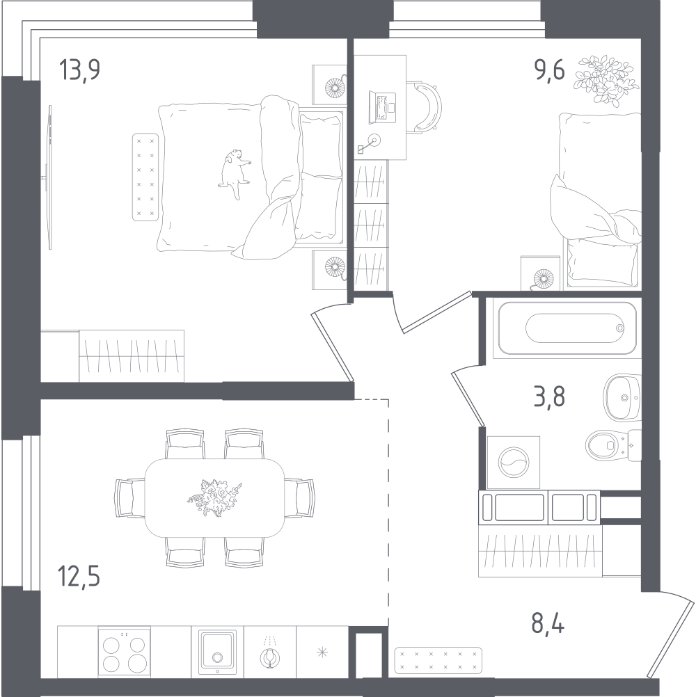 2-комнатная 48 м2 в ЖК Ольховый Квартал корпус null этаж 15