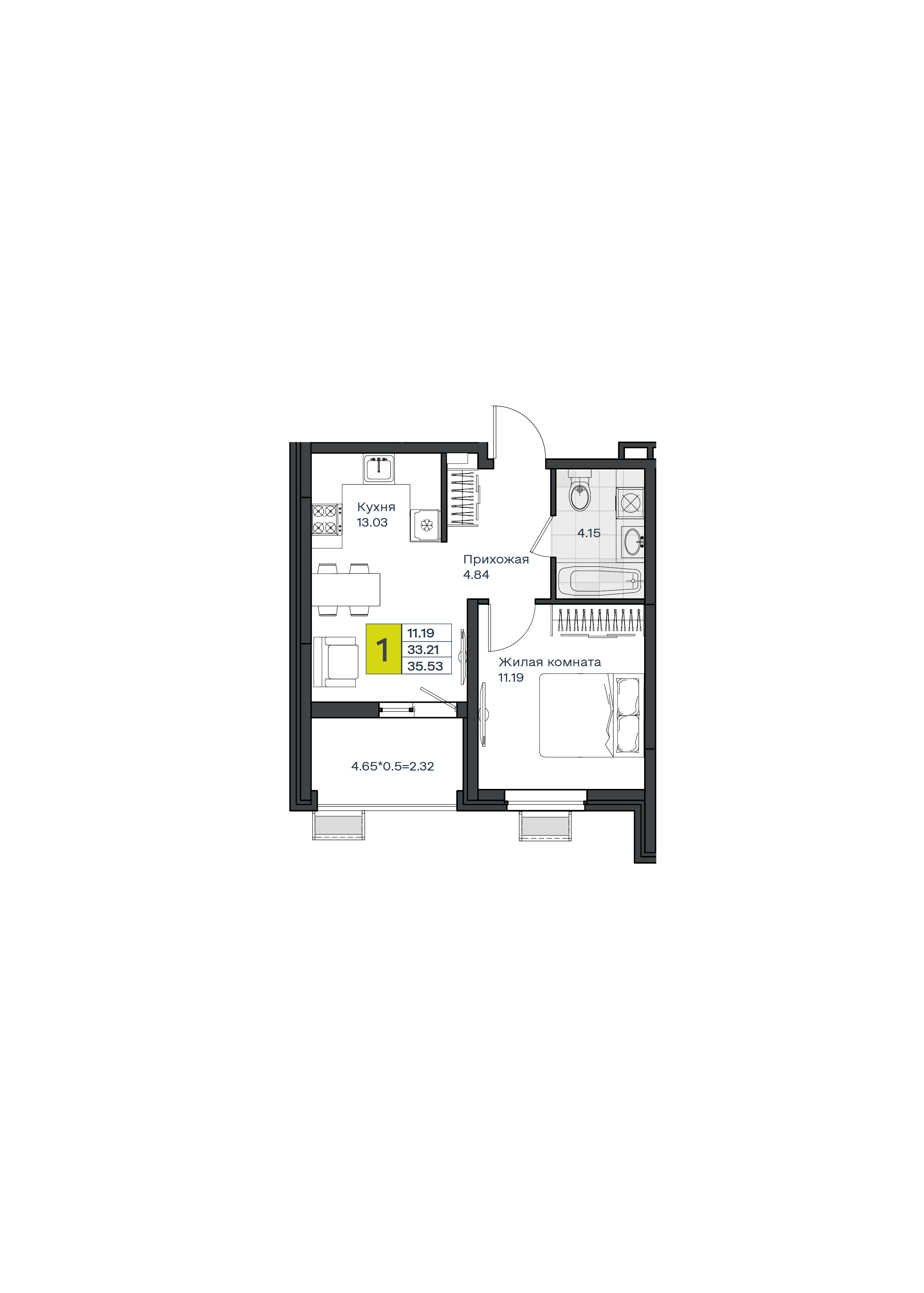 1-комнатная 35 м2 в ЖК МОНО Квартал корпус null этаж 2