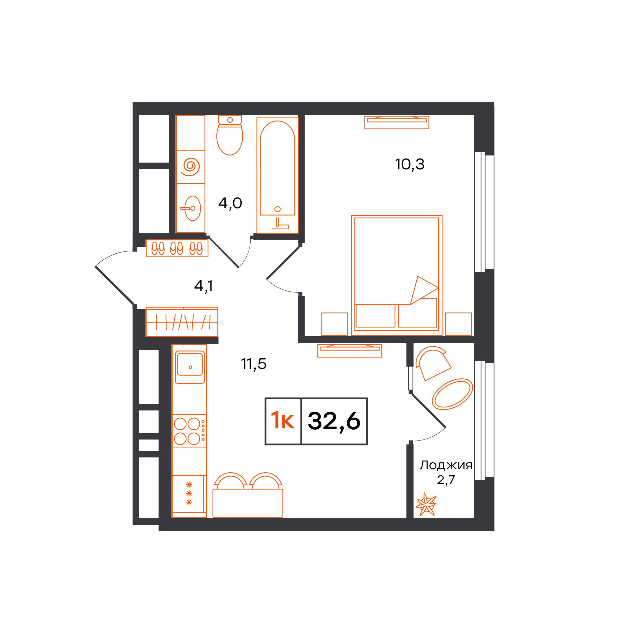 1-комнатная 32 м2 в ЖК Отличие корпус null этаж 11