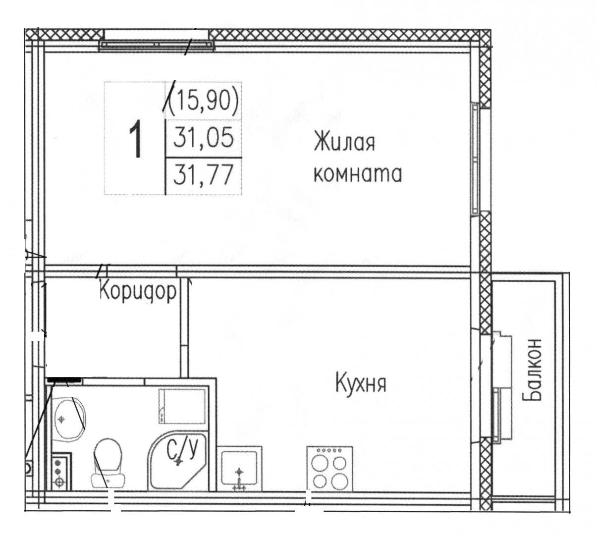 1-комнатная 31 м2 в ЖК undefined корпус null этаж 4