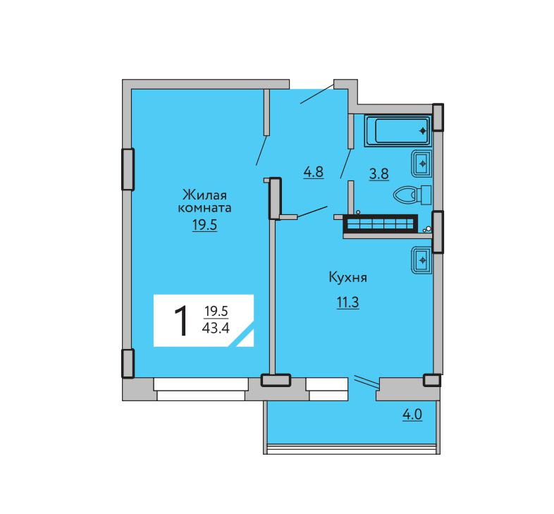 1-комнатная 43 м2 в ЖК Гармония корпус null этаж 11