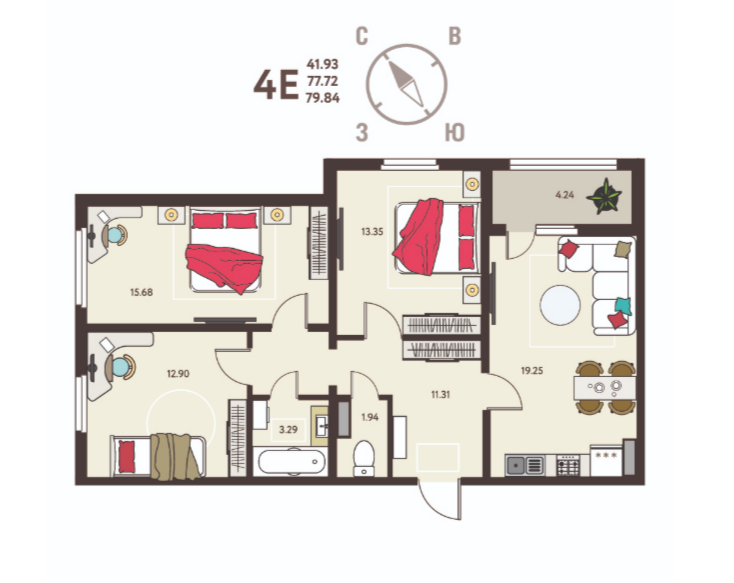 3-комнатная 79.8 м2 в ЖК undefined корпус null этаж 13