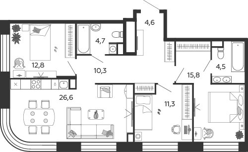 3-комнатная 90 м2 в ЖК Shagal корпус null этаж 22
