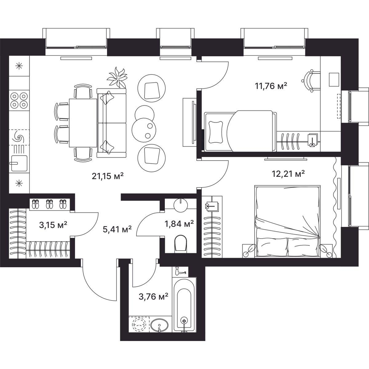 2-комнатная 60 м2 в ЖК Гагарин корпус null этаж 2