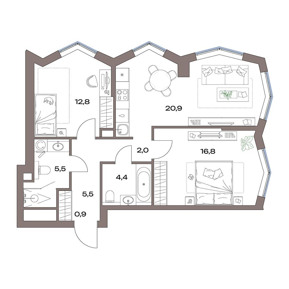 3-комнатная 68 м2 в ЖК Акценты корпус null этаж 15